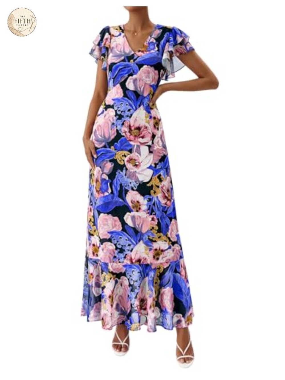 Womens Summer Boho Floral Maxi Dress Ruffle Sleeve V-Neck Flowy